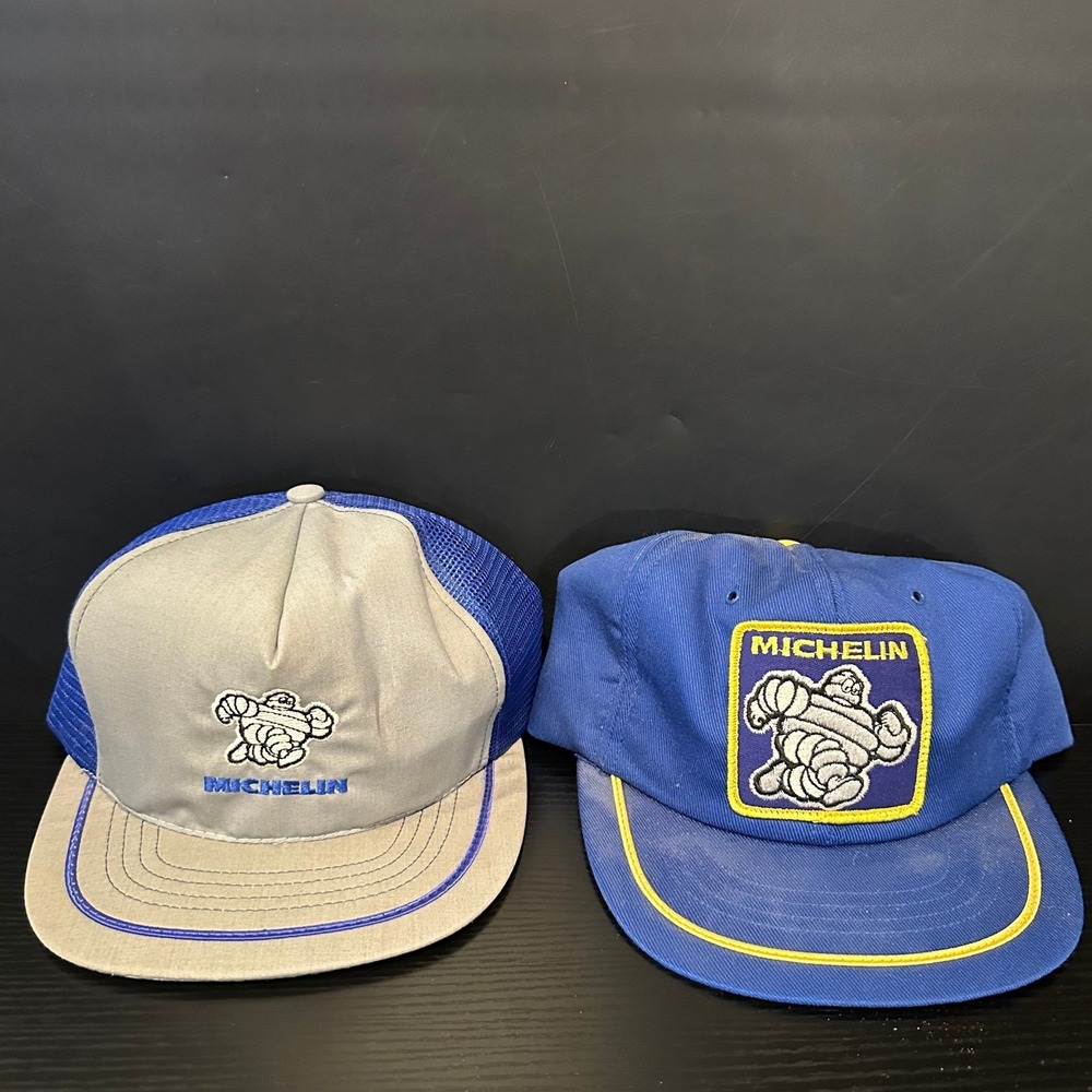 Vintage Michelin‎ Man Bibendum Hat Lot Trucker Mesh Snapback Blue Gray 2pc Set